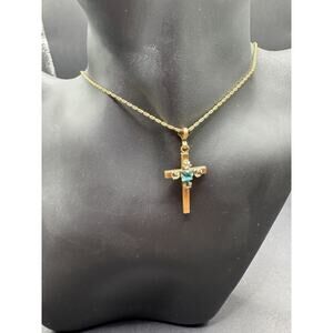 Vintage 1/20 10k Gold Filled Blue Topaz Cross Pendant Necklace C.T Signed